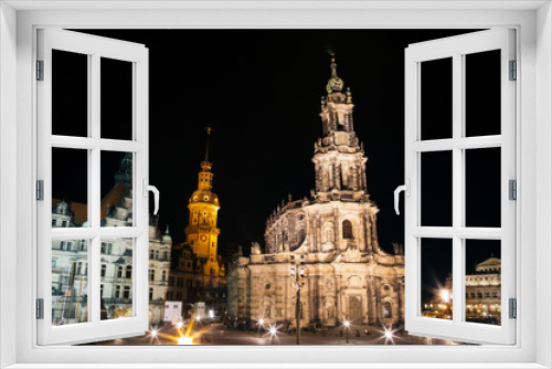 Dresden square (Katholische Hofkirche, Hausmannsturm, Dresden Castle) night view in Germany