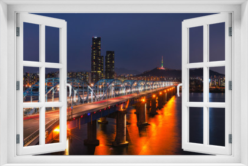Fototapeta Naklejka Na Ścianę Okno 3D - Seoul city at Dongjak Bridge Hangung river in Seoul , South Korea.