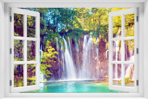 Fototapeta Naklejka Na Ścianę Okno 3D - Incredibly beautiful fabulous magical landscape with a waterfall in Plitvice, Croatia (harmony meditation, antistress - concept)