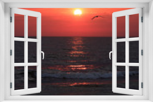 Fototapeta Naklejka Na Ścianę Okno 3D - Wschód słońca nad morzem z mewą w tle
