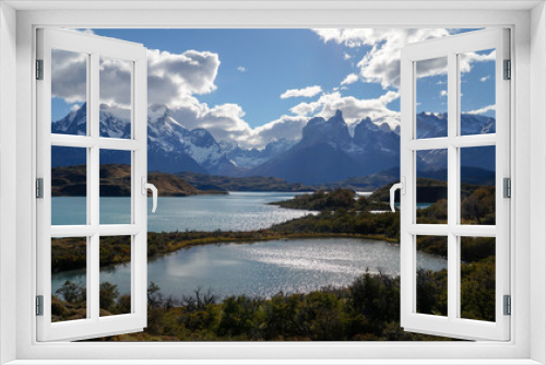 Fototapeta Naklejka Na Ścianę Okno 3D - View over the lake towards the Mountains in Torres del Paine, Chile.