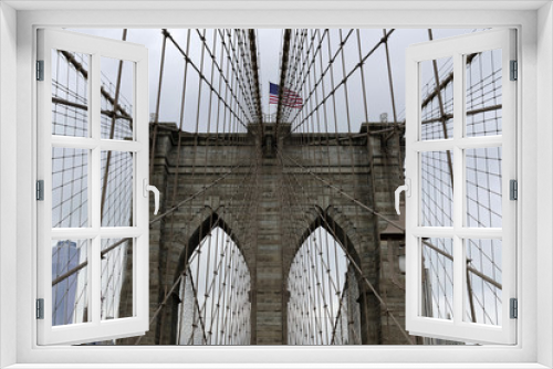 Fototapeta Naklejka Na Ścianę Okno 3D - Seilkonstruktion der Brooklyn Bridge am East River, Manhattan, New York City, USA, Nordamerika
