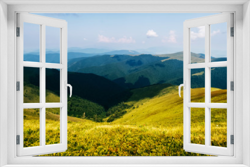 Fototapeta Naklejka Na Ścianę Okno 3D - Dramatic sky over mountains in summer. Reach the top of the hill. Travel in wild terrain. Alpine highland. Stormy clouds. Camping trip in touristic route. Picturesque beautiful nature landscape.