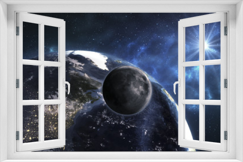 Fototapeta Naklejka Na Ścianę Okno 3D - Earth with Moon in the space. Beautiful blue sunrise. Elements of this image furnished by NASA.