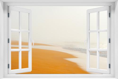 Fototapeta Naklejka Na Ścianę Okno 3D - Picturesque scenery seascape of foggy misty abandoned wild beach. Art beautiful landscape of deserted cost with ocean waves. Colorful nature paysage. Desolate mediterranean costline. Fairy tale view.