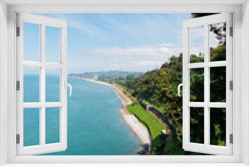 Fototapeta Naklejka Na Ścianę Okno 3D - Beautiful Scenic Summer View From Botanical Garden Of Sea Bay And Railroad On Coast.