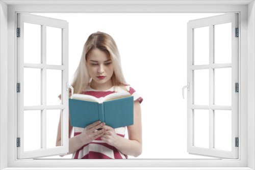 young girl with book isolated on a white background