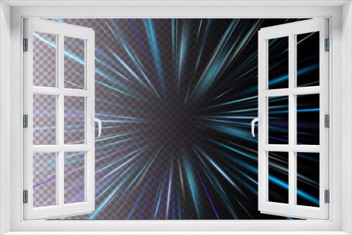 Fototapeta Naklejka Na Ścianę Okno 3D - Vector illustration of high speed, motion light effect, light with lens flare. Starburst fast move on transparent background. Magic blue Rays.