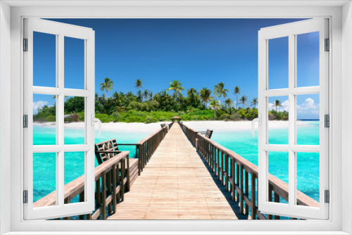 Fototapeta Naklejka Na Ścianę Okno 3D - Tropical Destination - Maldives - Pier For Paradise Island
