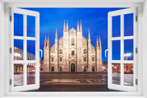 Fototapeta Naklejka Na Ścianę Okno 3D - Piazza del Duomo, Cathedral Square, with Milan Cathedral or Duomo di Milano during morning blue hour, Milan, Lombardia, Italy