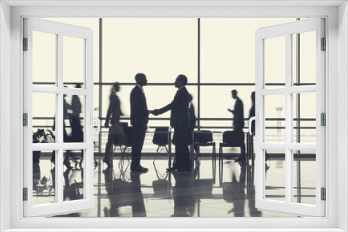 Two men shaking hands while standing in boardroom. Colleagues walking on background