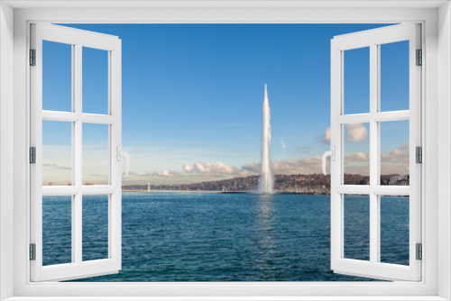 Fototapeta Naklejka Na Ścianę Okno 3D - View of Geneva skyline with famous Jet d'Eau fountain and harbor district, Canton of Geneva, Switzerland