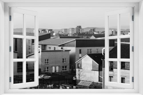 Fototapeta Naklejka Na Ścianę Okno 3D - Cityscape on the street and buildings city Glasgow, view from above, black and white, United Kingdom