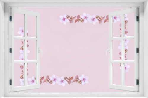 Fototapeta Naklejka Na Ścianę Okno 3D - corner frame made of sakura flowers, cherries on a gray pink gentle background. Screensaver, background, postcard. Abstract image.
