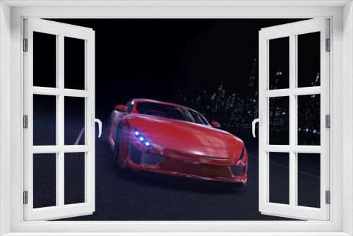 Fototapeta Naklejka Na Ścianę Okno 3D - Red sports car moving on highway in the city at night with headlights on