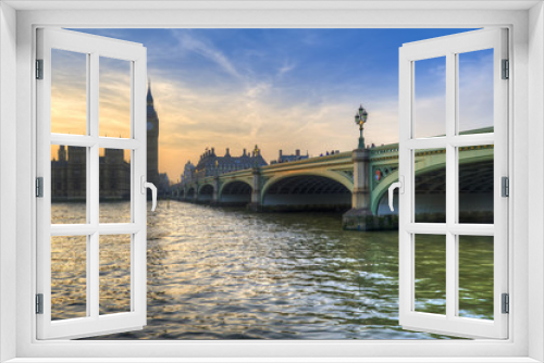 Fototapeta Naklejka Na Ścianę Okno 3D - London attractions Big Ben and Westminster Bridge landscape during a Winter sunset