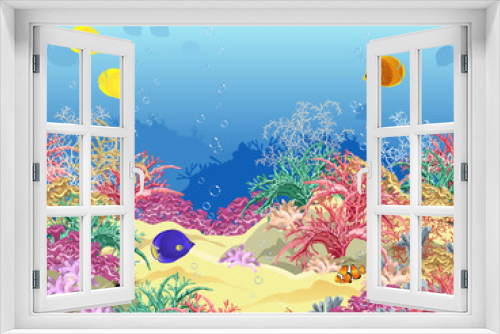 Fototapeta Naklejka Na Ścianę Okno 3D - Sea underwater world with corals, fish, sponges and bubbles. Realistic vector illustration.