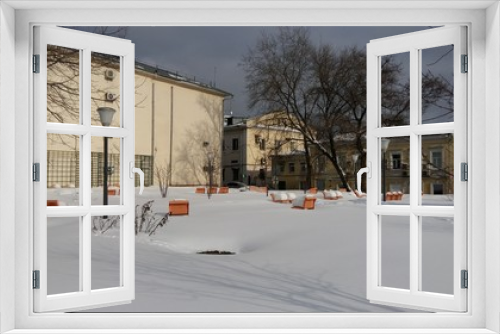 Fototapeta Naklejka Na Ścianę Okno 3D - Benches in snow
