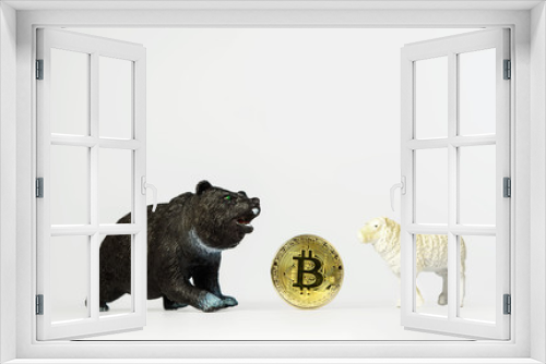 Fototapeta Naklejka Na Ścianę Okno 3D - the concept of herd sheep behavior in the market crypto-currency, bearish trend, whales lower the rate of bitcoin. Concept of mass panic, white background