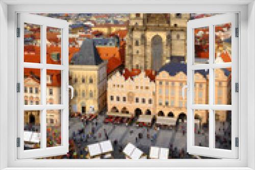 Prague, Czech Republic- March 26, 2018: Easter celebration in the Old Town Square. Top view on Tyn church