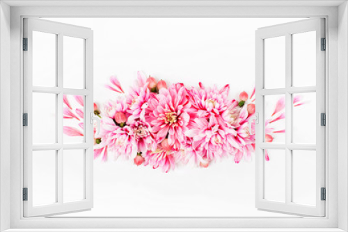 Fototapeta Naklejka Na Ścianę Okno 3D - Beautiful floral arrangements. Pink chrysanthemums  on white background. Flat lay, top view.