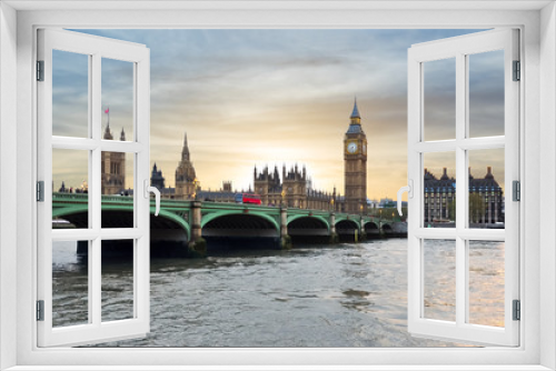 Fototapeta Naklejka Na Ścianę Okno 3D - Houses of Parliament, Big Ben and Westminster bridge at sunset, London, UK