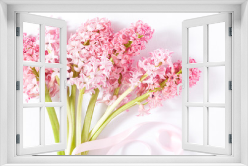 Fototapeta Naklejka Na Ścianę Okno 3D - Bouquet of Pink Hyacinth Flowers on White Background Shot From Above
