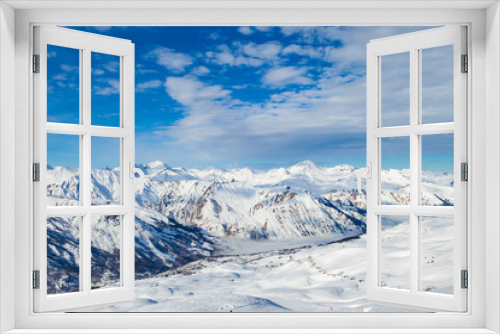 Fototapeta Naklejka Na Ścianę Okno 3D - Picturesque view snowy mountain peaks panorama, Les Menuires ,Alps, France, ski slopes in 3 Valleys