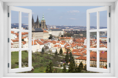 Fototapeta Naklejka Na Ścianę Okno 3D - Spring Prague City with gothic Castle and the green Nature and flowering Trees, Czech Republic