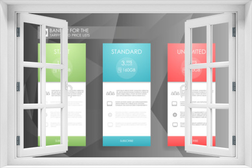 Three banners with tariffs plan. Comparison of pricing table set for business, bullet list with commercial plan. Template for prices of business product on gray background.