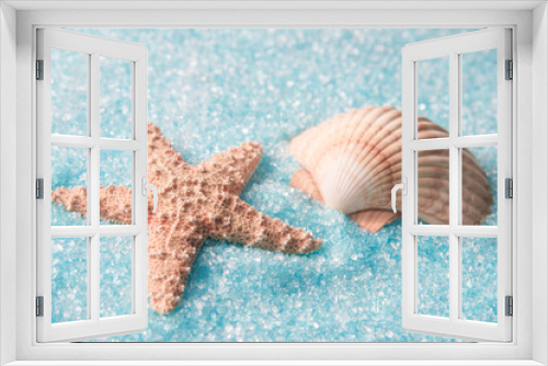Fototapeta Naklejka Na Ścianę Okno 3D - A starfish or sea star with a sea shell on a blue epson bath salt background