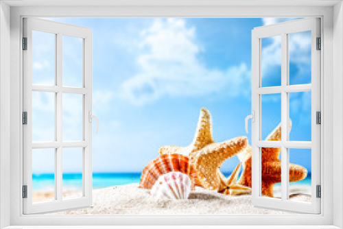 Fototapeta Naklejka Na Ścianę Okno 3D - Summer background of shell on sand and free space for your decoration. Sunny day time and blue sky . 