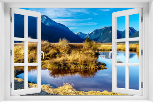 Fototapeta Naklejka Na Ścianę Okno 3D - Snow covered peaks of the Coast Mountains surrounding the Pitt River and Pitt Lake in the Fraser Valley of British Columbia, Canada on a clear winter day