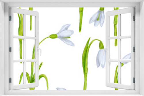Fototapeta Naklejka Na Ścianę Okno 3D - Hand drawn seamless pattern with snowdrops. Beautiful garden or forest spring plants in sketch style for design greeting card, package, textile. Cartoon illustration isolated on white background.