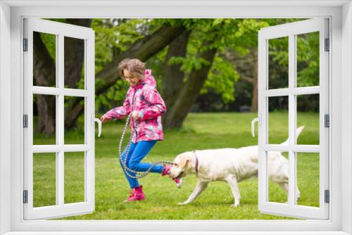 Fototapeta Naklejka Na Ścianę Okno 3D - Little girl with labrador retriever on walk in park. Child is running on green grass with dog - outdoor in nature. Pet, domestic animal and people concept.