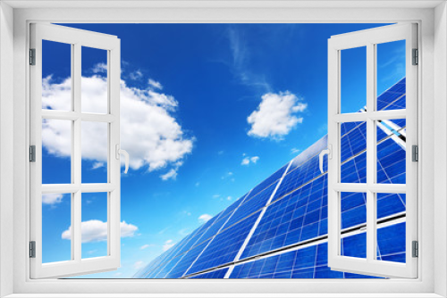 Fototapeta Naklejka Na Ścianę Okno 3D - Solar panel on blue sky background. Green grass and cloudy sky. Alternative energy concept