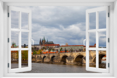 Scenic view on Vltava river and historical center of Prague, buildings and landmarks of old town, Czech Republic