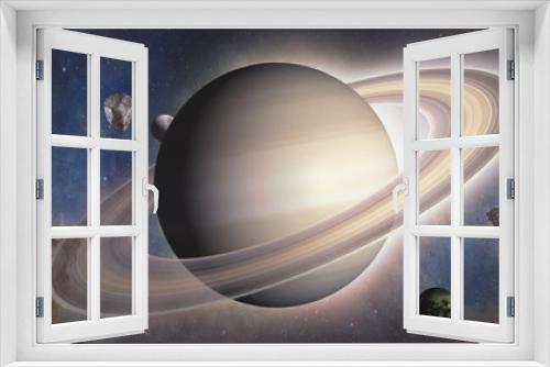 Fototapeta Naklejka Na Ścianę Okno 3D - Planet of Solar system Saturn and satellite Titan. Surrealistic and fantastic 3D rendering. Clouds, stars, Orion nebula, meteorites.