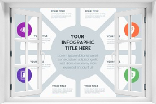 Circle chart location, security, video, photos infographic template with 8 options for presentations, advertising, annual reports