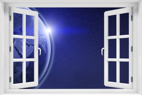 Fototapeta Naklejka Na Ścianę Okno 3D - Photo of Earth among stars with sun view from space. Futuristic background for technology with copyspace. Details of this image furnished by NASA