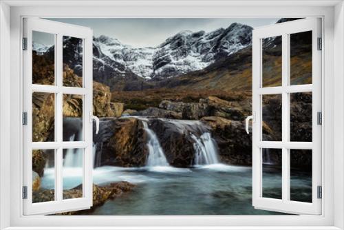Fototapeta Naklejka Na Ścianę Okno 3D - Snowy Mountainous landscape with Waterfalls at Fairy Pools, Brittle River, Isle of Skye, Scot