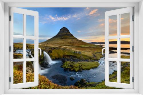 Fototapeta Naklejka Na Ścianę Okno 3D - Amazing Icelandic landscape at the top of Kirkjufellsfoss waterfall with Kirkjufell mountain in the background on the north coast of Iceland Snaefellsnes peninsula