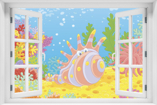 Fototapeta Naklejka Na Ścianę Okno 3D - Exotic shell of among colorful corals on a reef in a tropical sea, vector illustration in a cartoon style