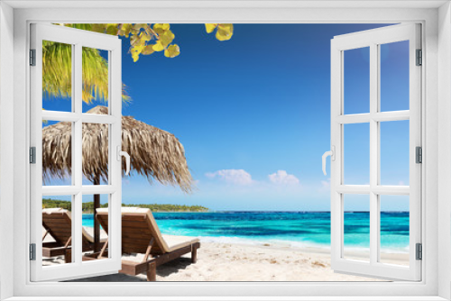 Fototapeta Naklejka Na Ścianę Okno 3D - Caribbean Palm Beach With Wooden Chairs And Straw Umbrella - Idyllic Island