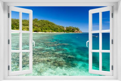 Fototapeta Naklejka Na Ścianę Okno 3D - Beautiful Landscape of Reef and Turquoise Aqua Blue Clear Ocean Water with White Sand Beach and Palm Trees on Tropical Pacific Island of Fiji