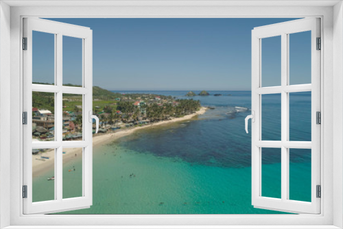 Fototapeta Naklejka Na Ścianę Okno 3D - Aerial view of beautiful tropical beach with turquoise water in blue lagoon, Pagudpud, Philippines. Ocean coastline with sandy beach. Tropical landscape in Asia.