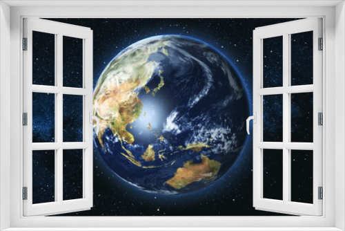 Fototapeta Naklejka Na Ścianę Okno 3D - Realistic Earth Planet, rotating on its axis in space against the background of the Milky Way star sky. Astronomy and science concept. Continents and oceans. Elements of image furnished by NASA