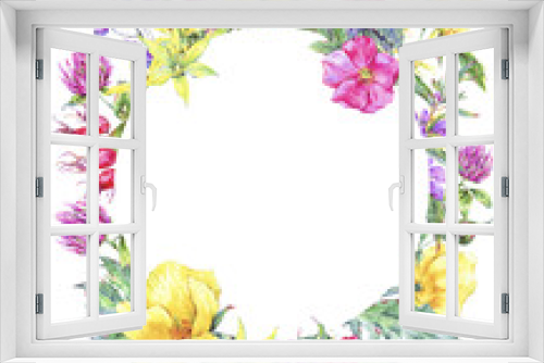 Fototapeta Naklejka Na Ścianę Okno 3D - Watercolor summer medicinal floral round frame, Wildflowers plant