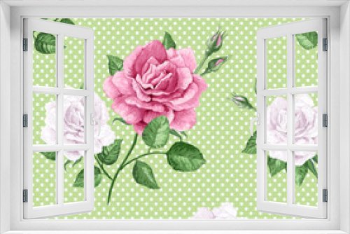 Fototapeta Naklejka Na Ścianę Okno 3D - Rose flowers, petals and leaves in watercolor style on green dotted background. Seamless pattern for textile, wrapping paper, package