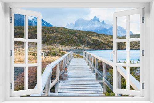 Fototapeta Naklejka Na Ścianę Okno 3D - Wooden walkway in Torres Del Paine National Park in Patagonia